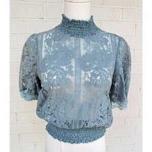Peach Medium Blue Lace Smocked Mock Neck Puff Sleeve Blouse Top